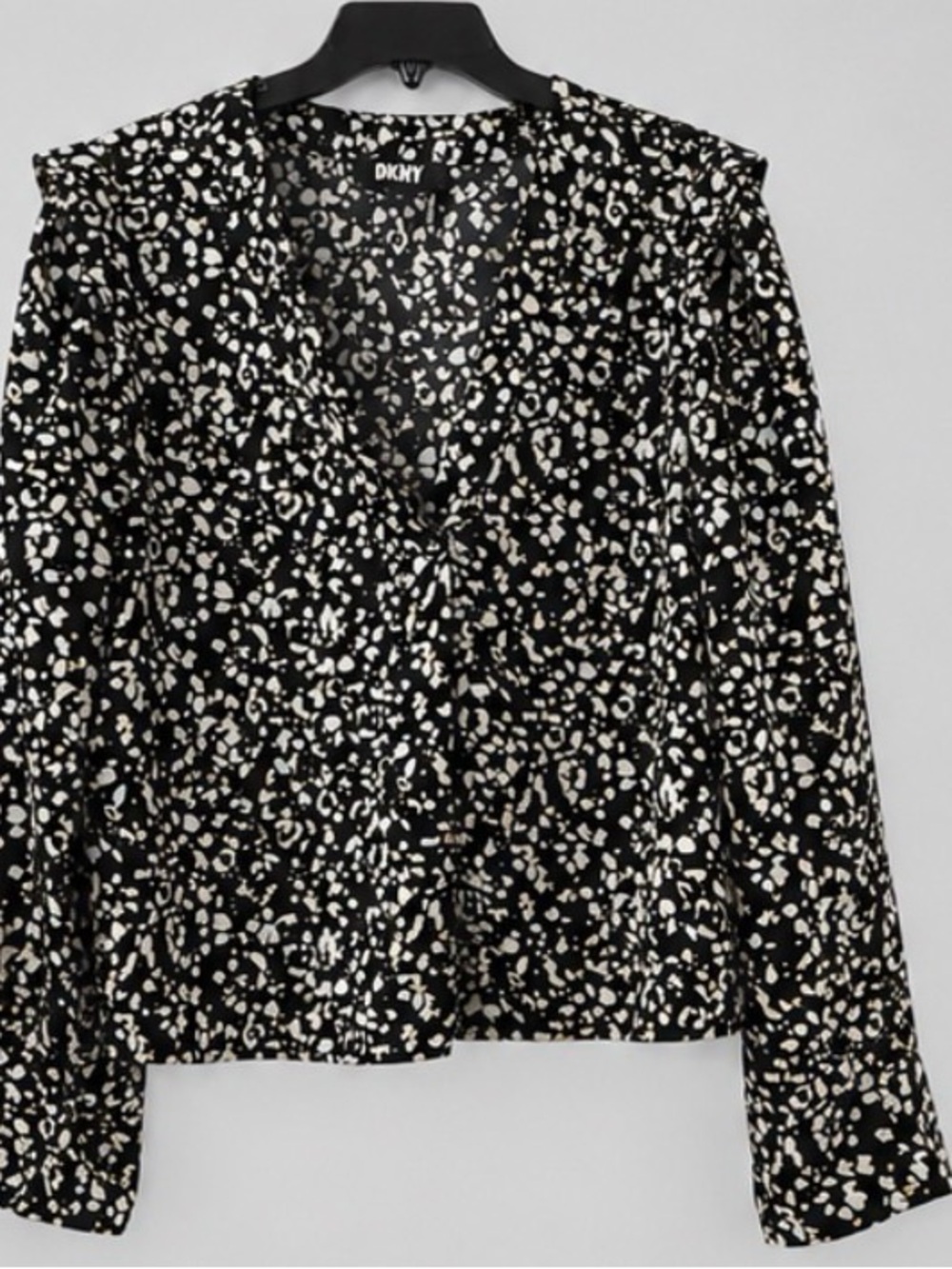DKNY Black and Ivory Printed V-Neck Long Sleeve Blouse